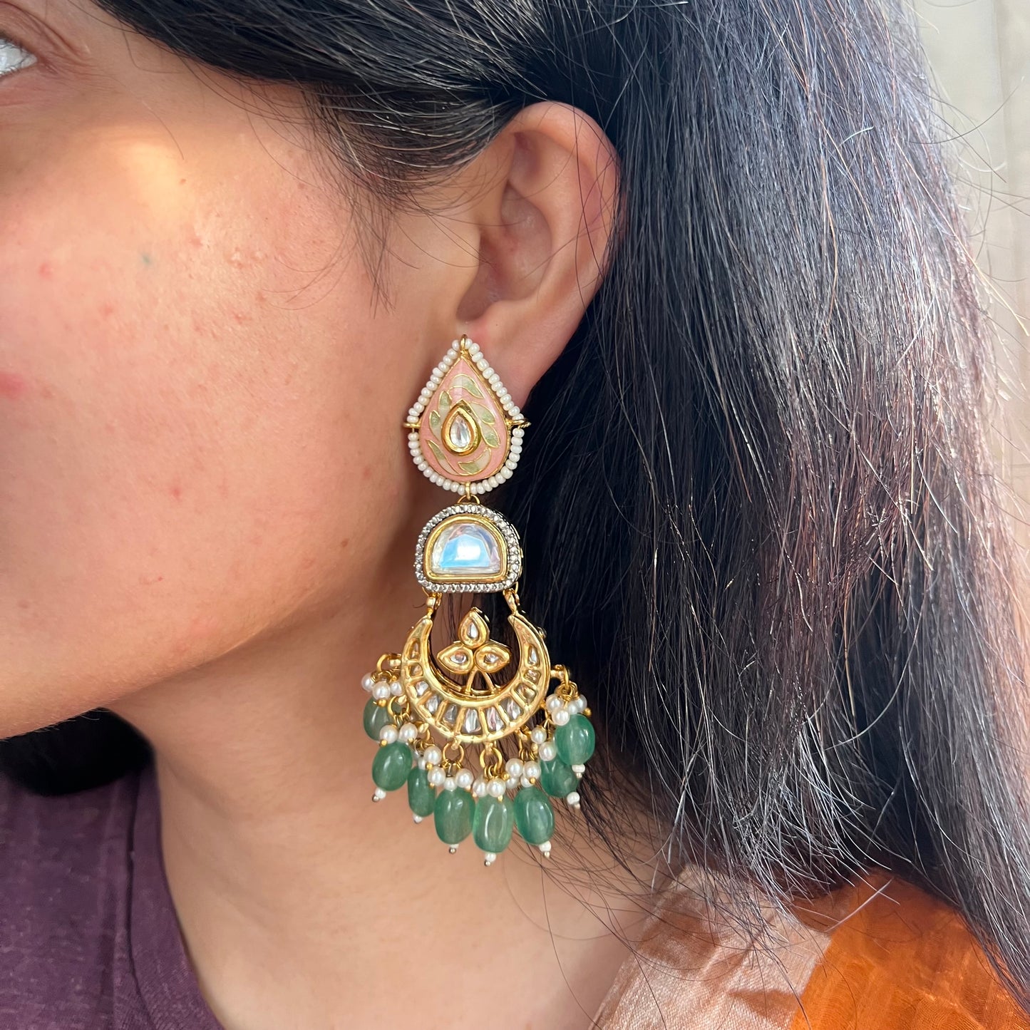 Kundan Polki Chandbali Meenakari Earrings
