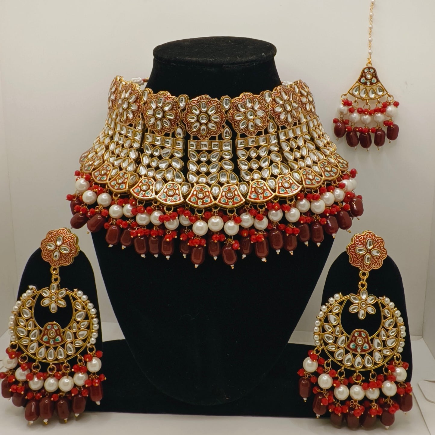 Statement Gold Plated Red Maroon Beaded Fancy Jewellery Set
