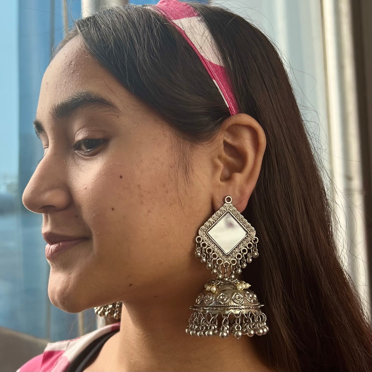 Mirror Tashka Silver Oxidised Jhumka Earrings