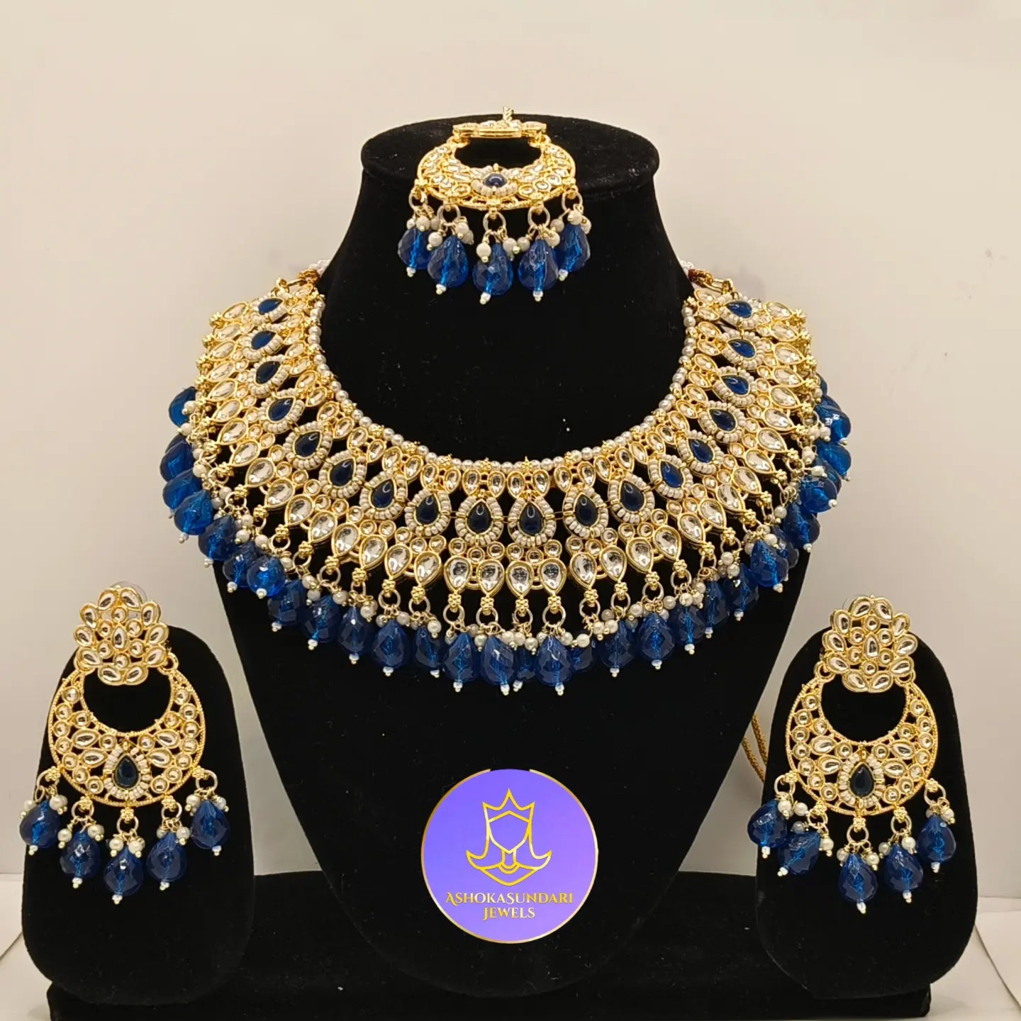 Statement Gold Plated Blue Beaded Fancy Jewellery Set for women