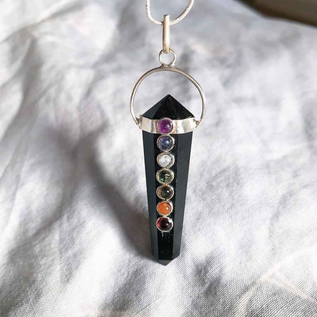 Black Tourmaline 7 Chakra Crystal Pendant