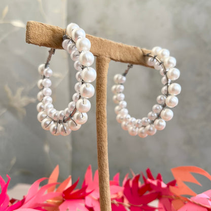 Double Line Pearl Hoop Earrings