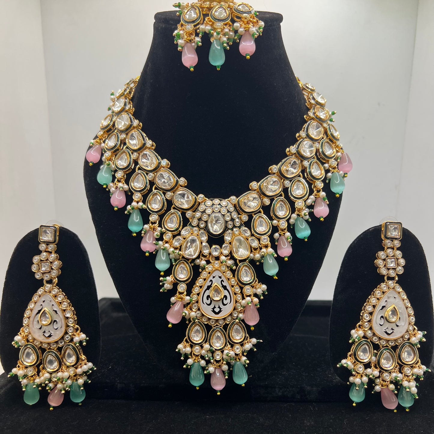 Pink Blue Firoza Pearl Moissanite  Polki Kundan Set