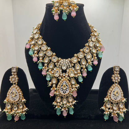 Pink Blue Firoza Pearl Moissanite  Polki Kundan Set