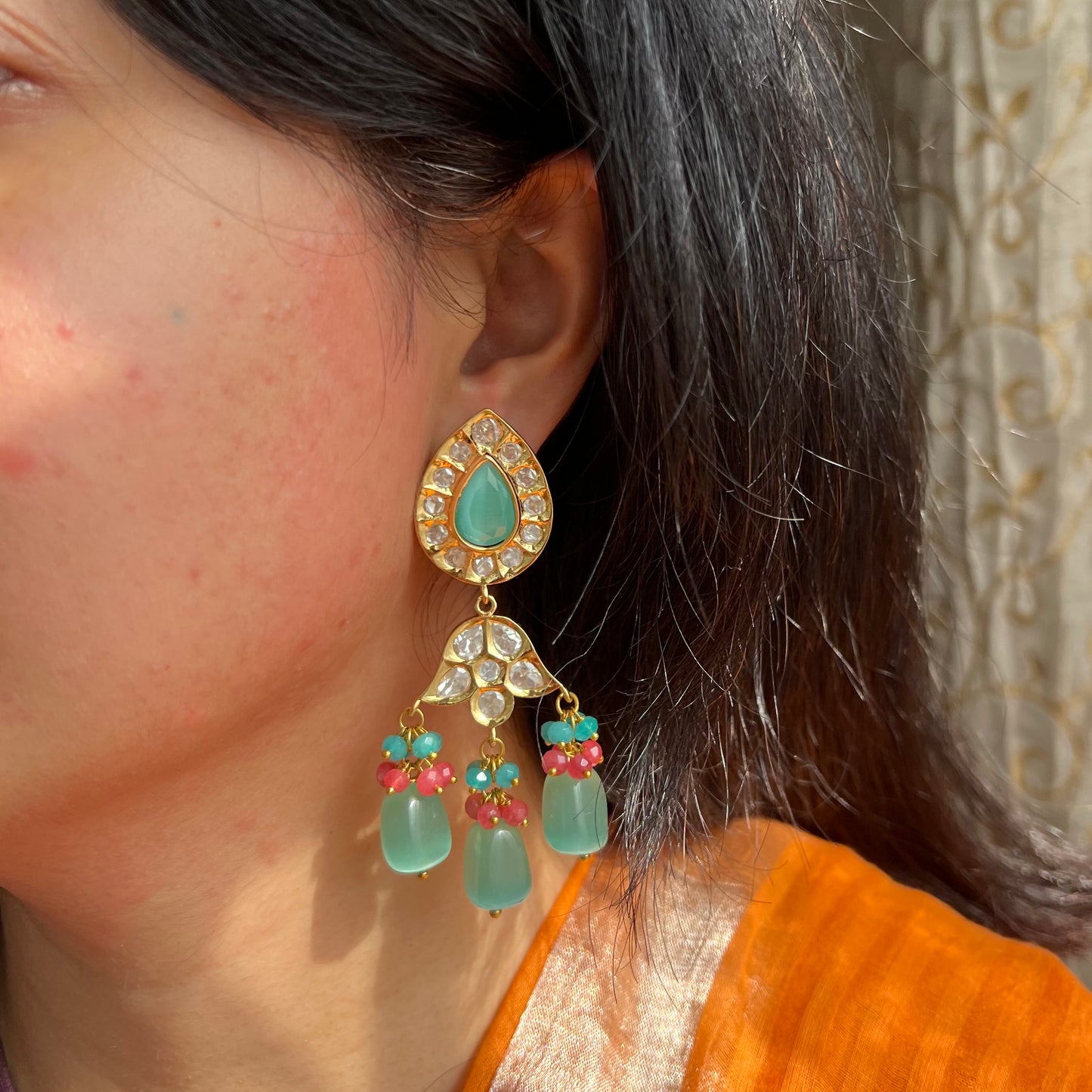 Blue Chandelier Uncut Polki Kundan Moissanite Earrings