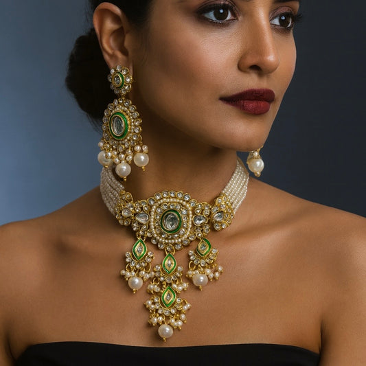 Green White Pearl Kundan Stone Choker Set