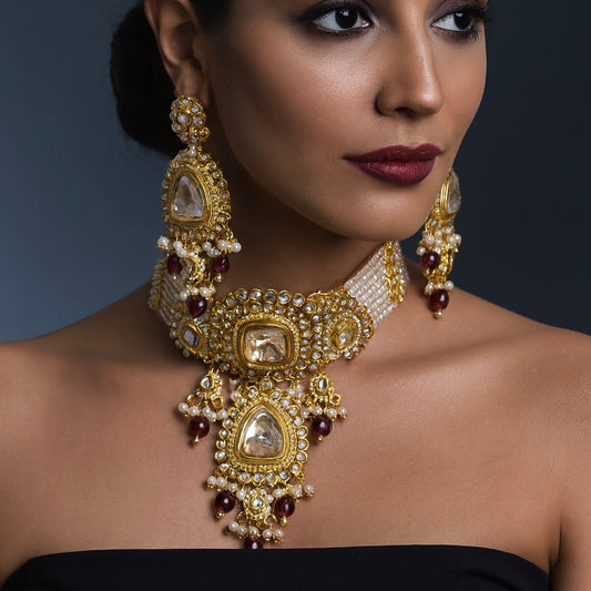 Red White Pearl Kundan Stone Choker Set