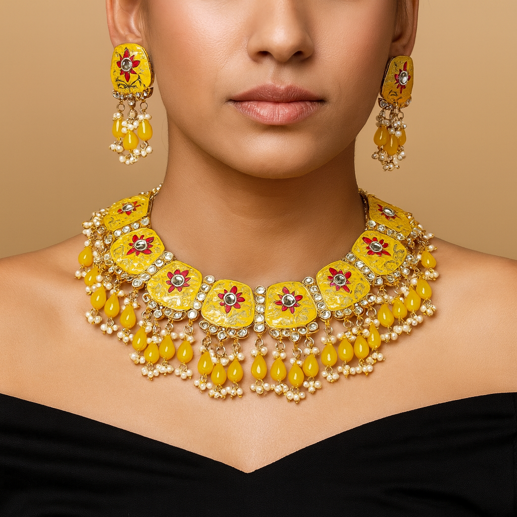 Floral Haldi Yellow Kundan Jewellery Set with earrings