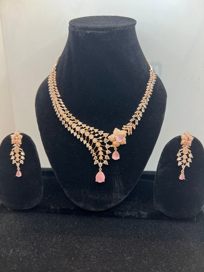 Pink Rose Gold White Zirconia Stone American Diamond Bridal Set