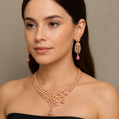 Pink Rose Gold White Zirconia Stone American Diamond Bridal Set