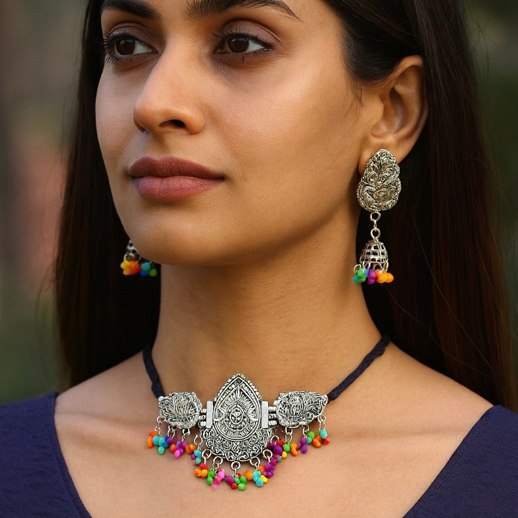 Black Oxidised Necklace and Earrings