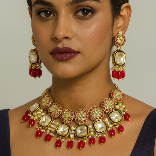 Red Moissanite Polki Kundan Stone Set