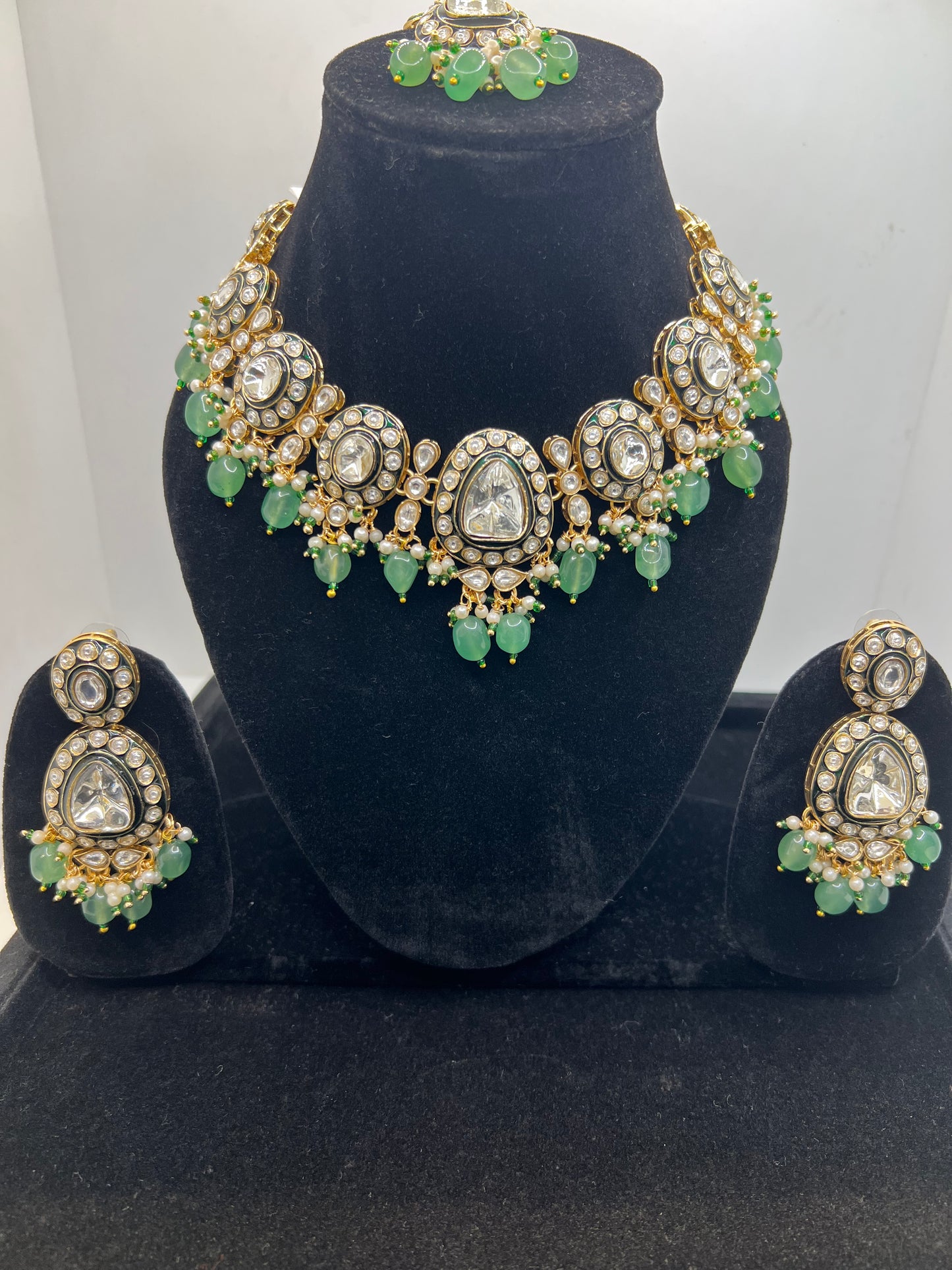 Green Moissanite Polki Kundan Stone Set