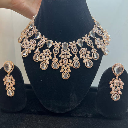 Rose Gold White Zirconia Stone American Diamond Bridal Set