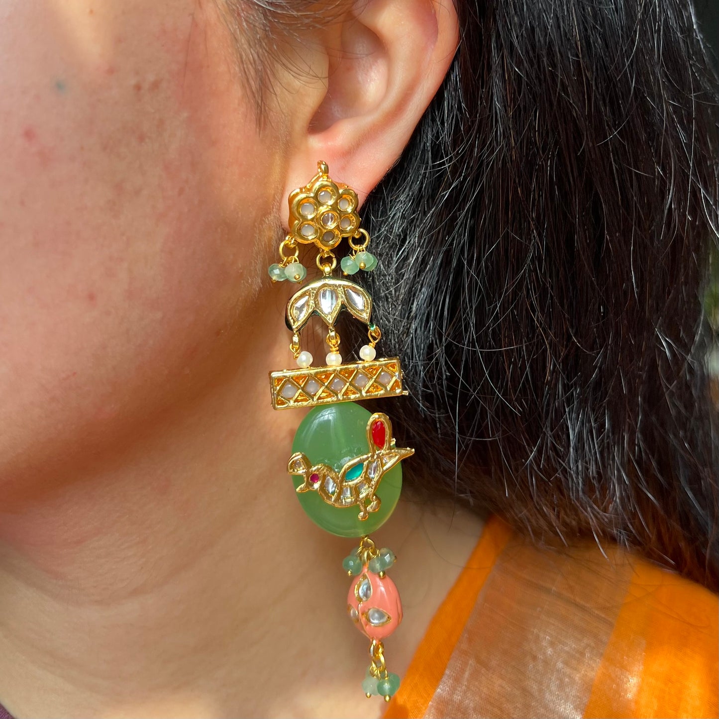 Peacock Kundan Green Drop Earrings