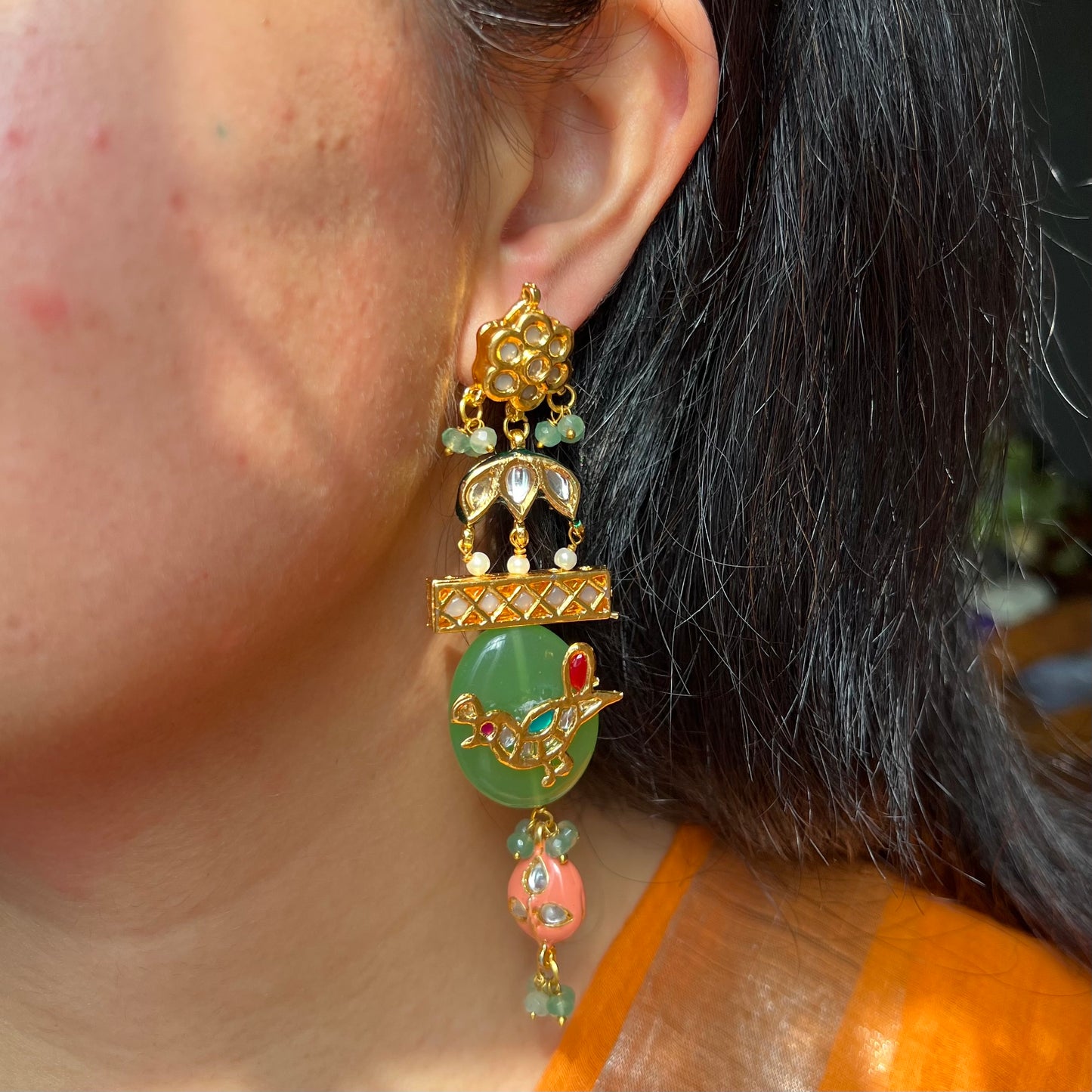 Peacock Kundan Green Drop Earrings