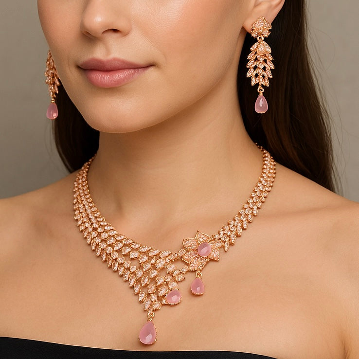 Pink Rose Gold White Zirconia Stone American Diamond Bridal Set