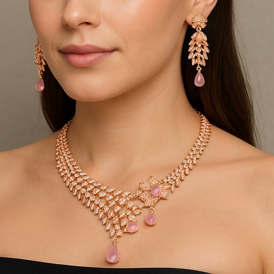 Pink Rose Gold White Zirconia Stone American Diamond Bridal Set