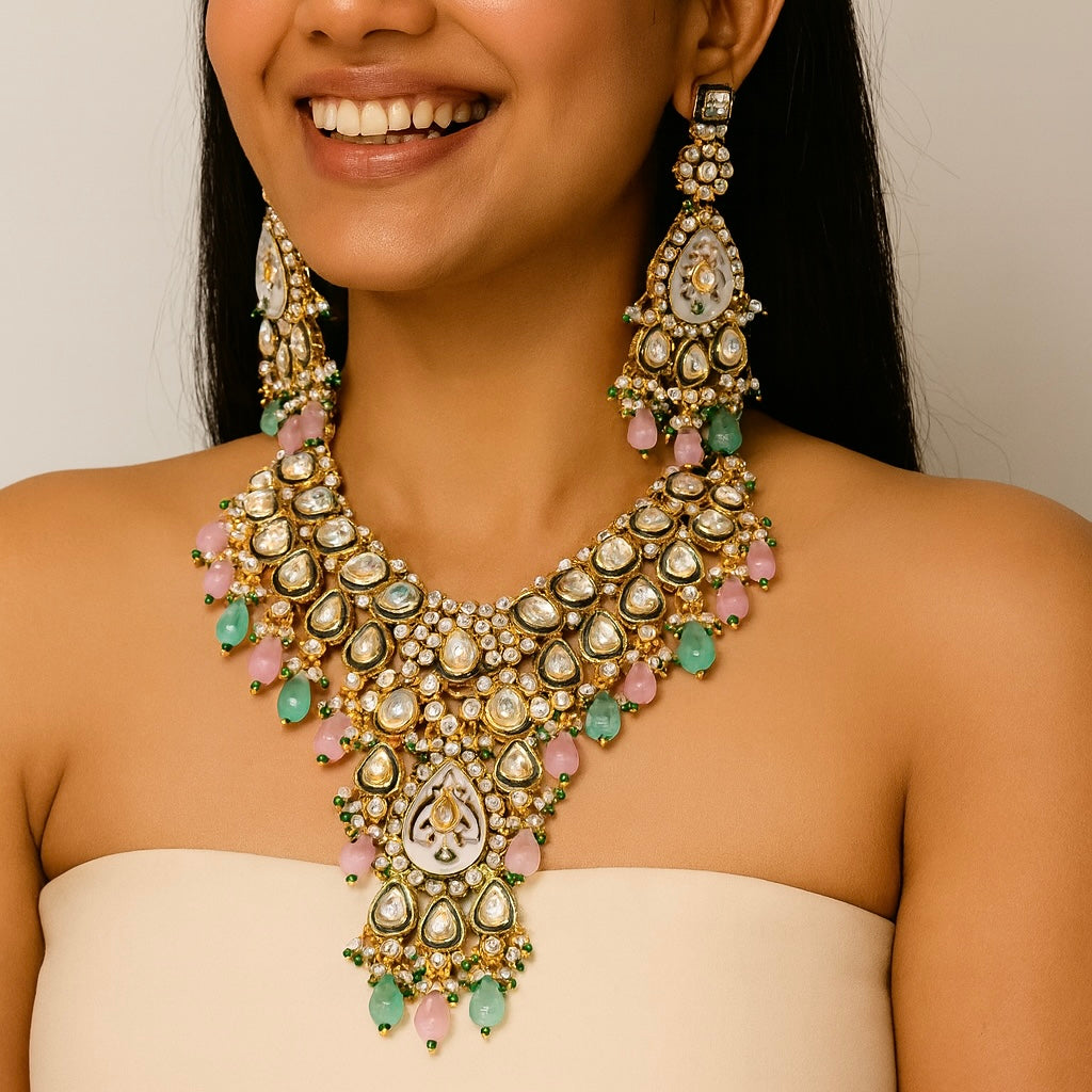 Pink Blue Firoza Pearl Moissanite  Polki Kundan Set