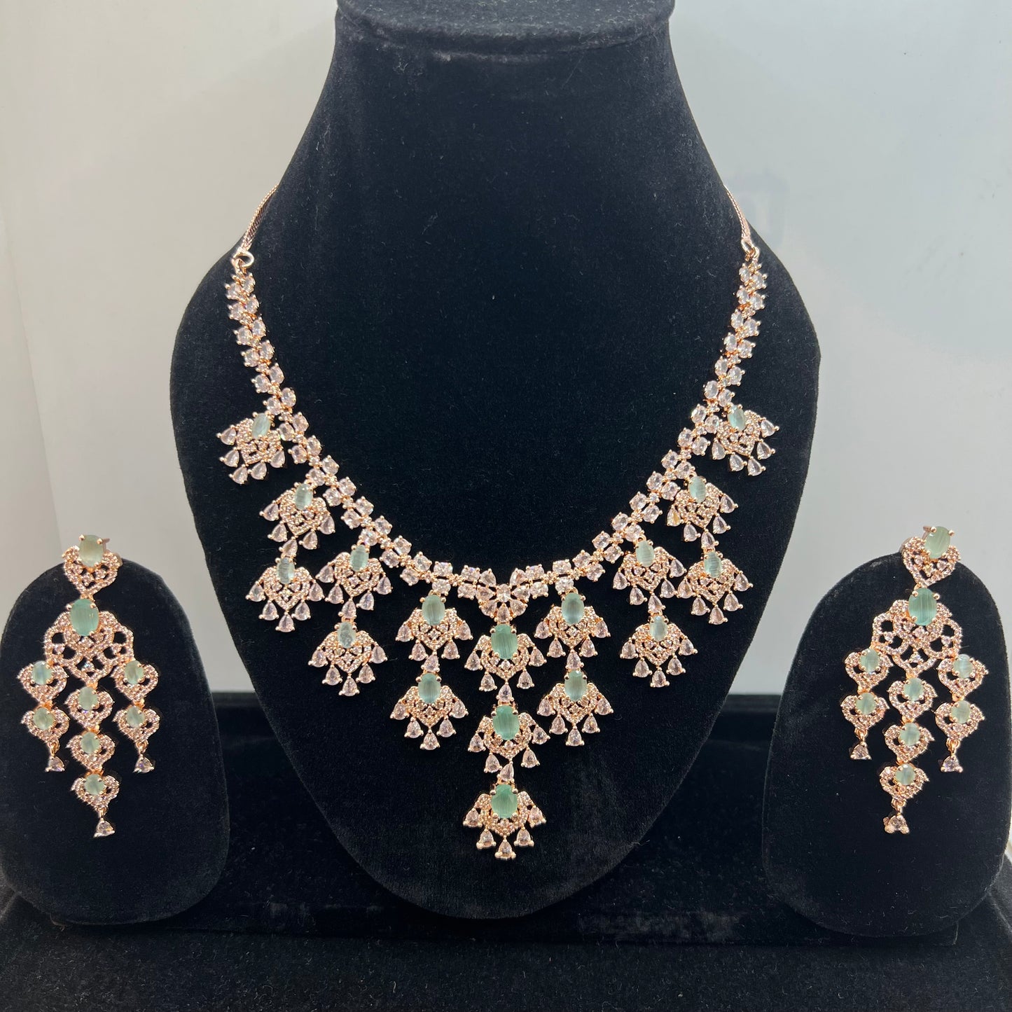 Blue Firoza Rose Gold White Zirconia Stone American Diamond Bridal Set