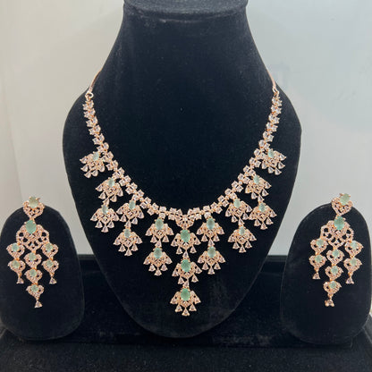 Blue Firoza Rose Gold White Zirconia Stone American Diamond Bridal Set