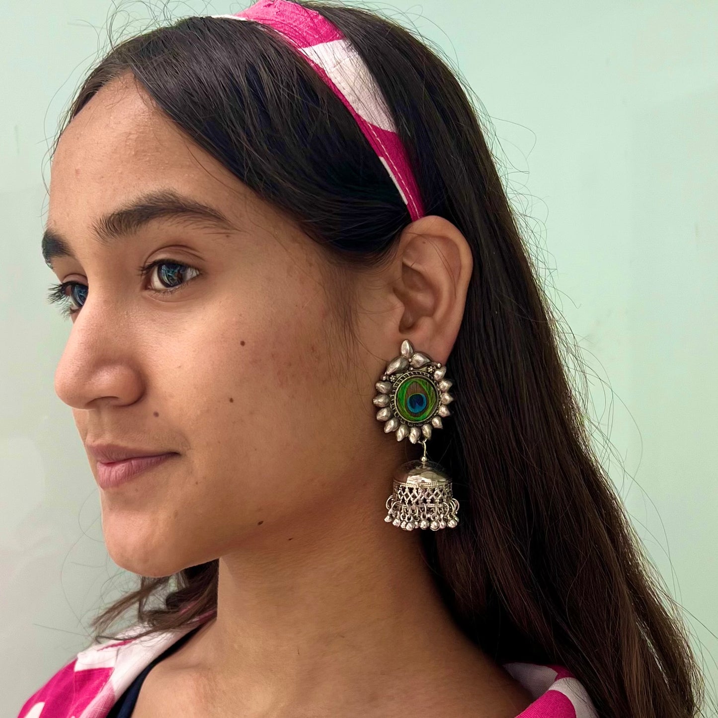 Silver Peacock Feather Jhumka Earrings
