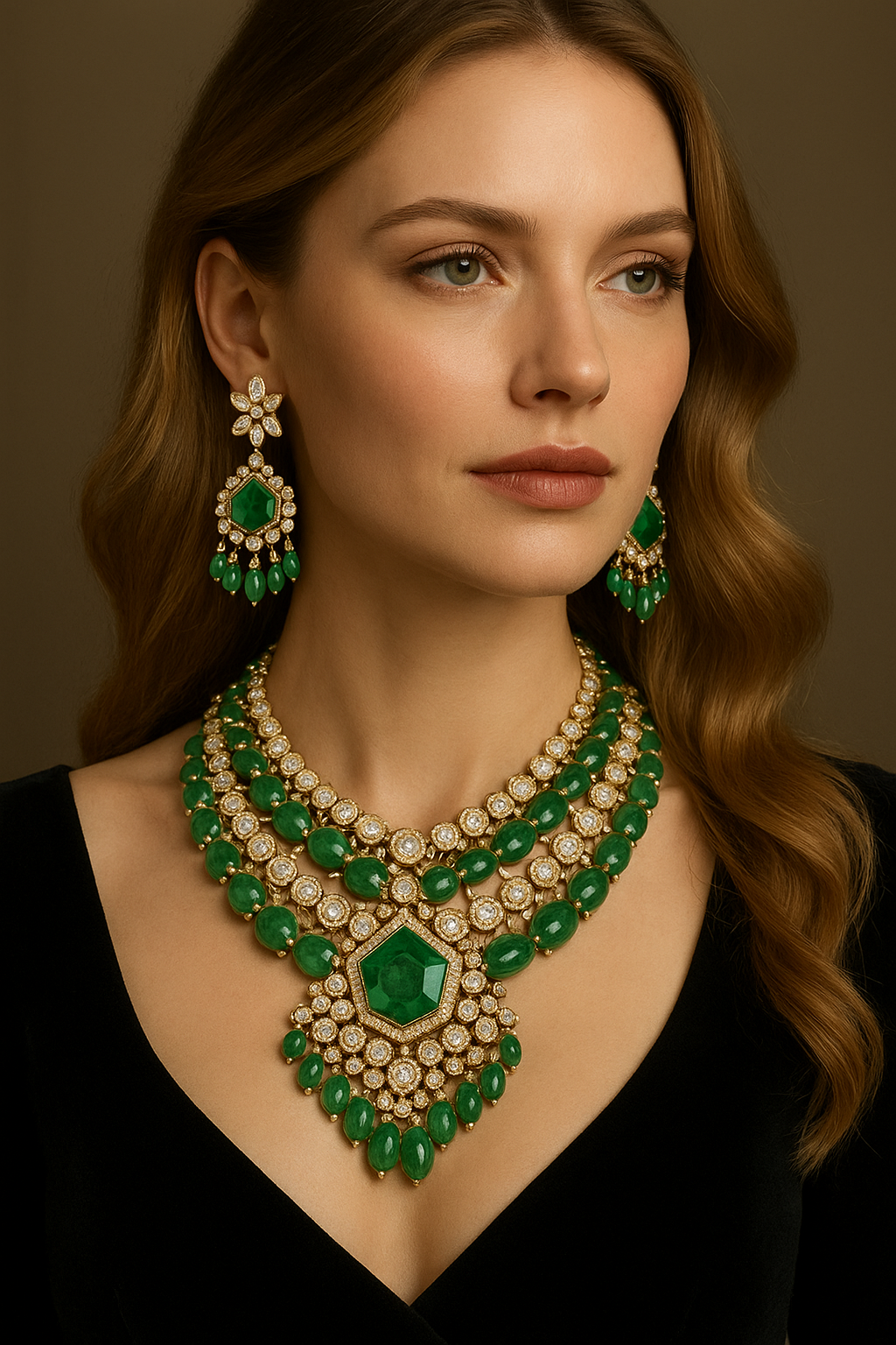 Emerald Green Moissanite Nita Ambani Polki Set
