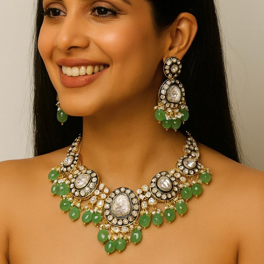 Green Moissanite Polki Kundan Stone Set