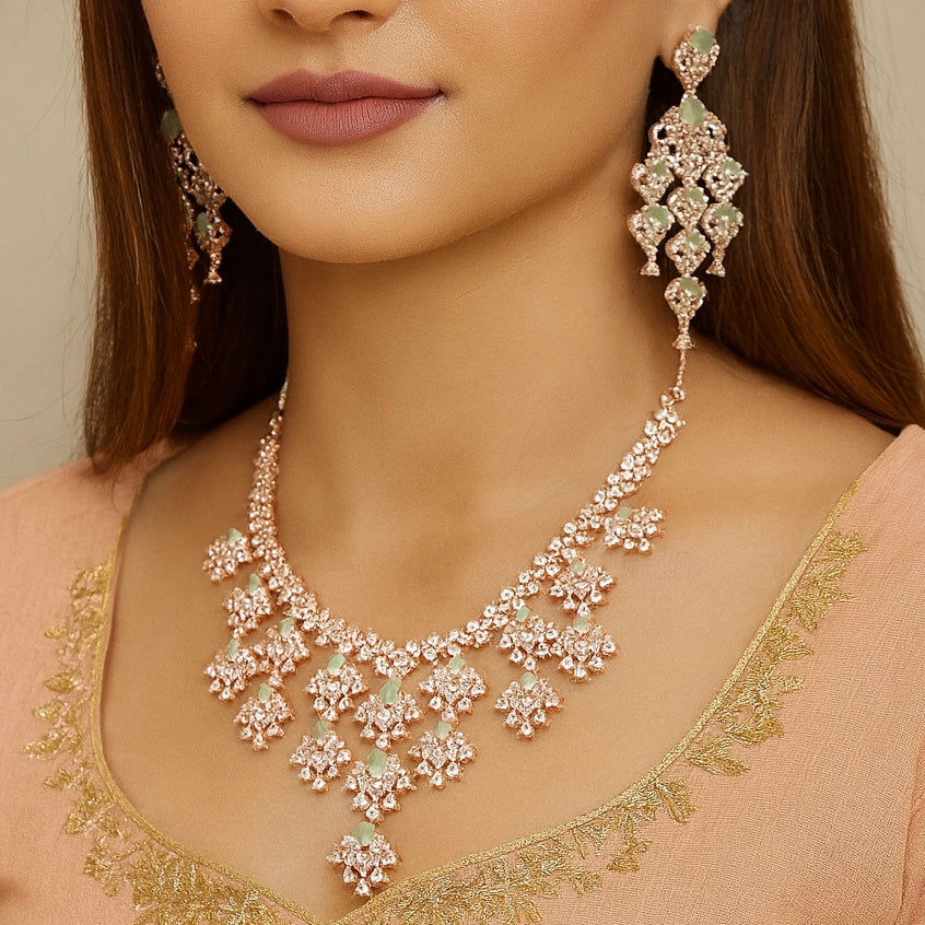 Blue Firoza Rose Gold White Zirconia Stone American Diamond Bridal Set