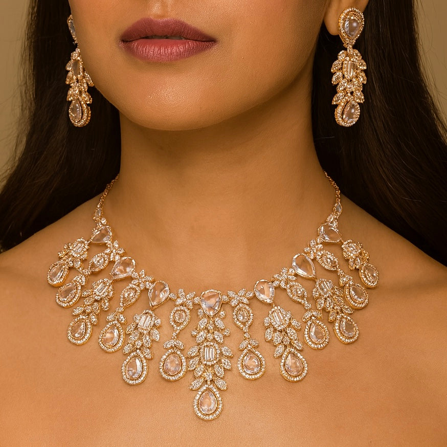 Rose Gold White Zirconia Stone American Diamond Bridal Set