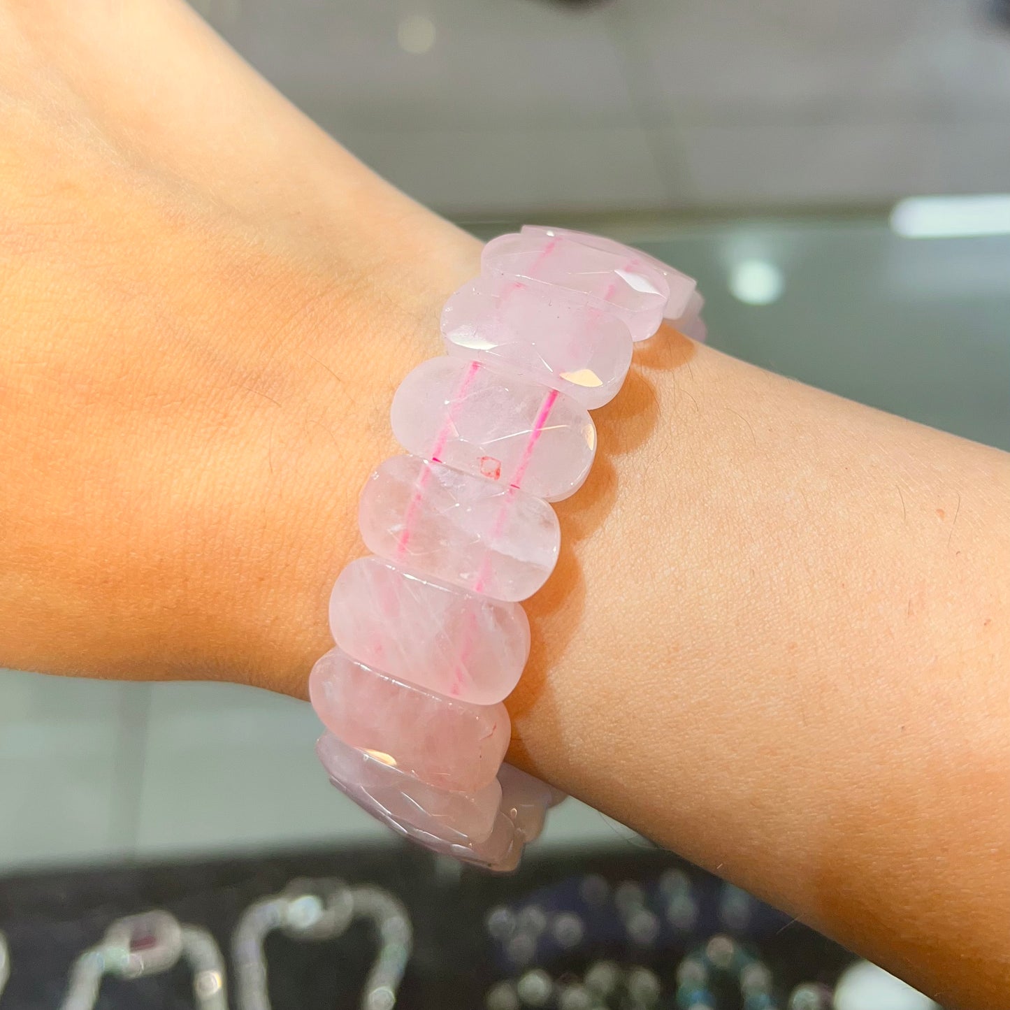 Pink Rose Quartz Tumble Oval Shape Faceted Crystal Bracelet