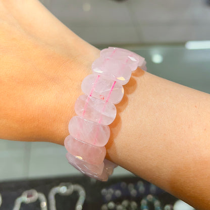 Pink Rose Quartz Tumble Oval Shape Faceted Crystal Bracelet
