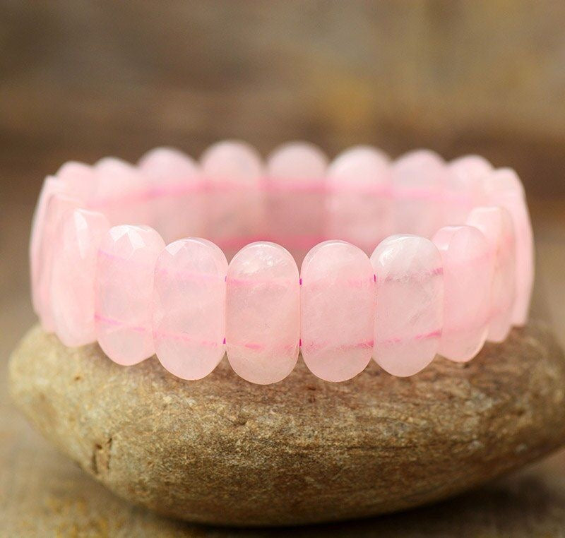 Pink Rose Quartz Tumble Oval Shape Faceted Crystal Bracelet