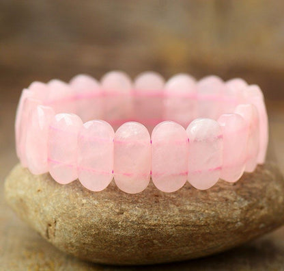 Pink Rose Quartz Tumble Oval Shape Faceted Crystal Bracelet