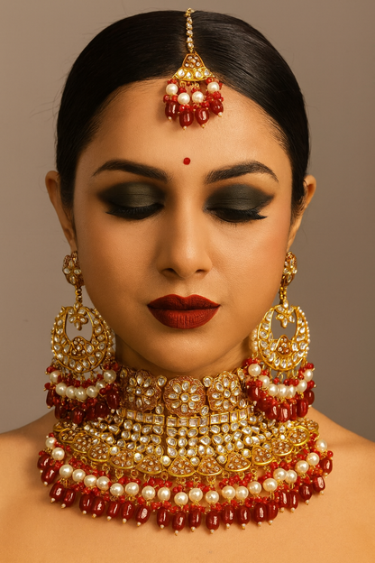 Statement Gold Plated Red Maroon Beaded Fancy Jewellery Set