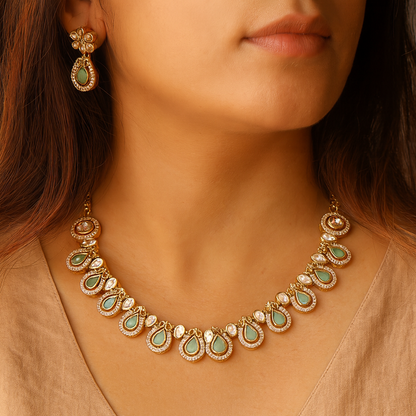 Mint Green Rose Gold Crystal Moissanite Polki Choker Set