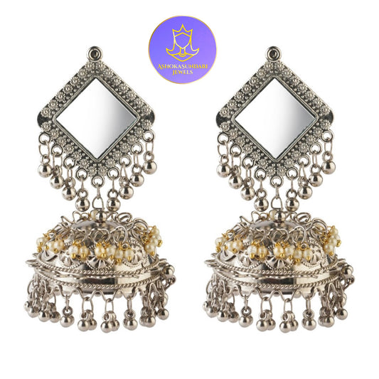 Mirror Tashka Silver Oxidised Jhumka Earrings