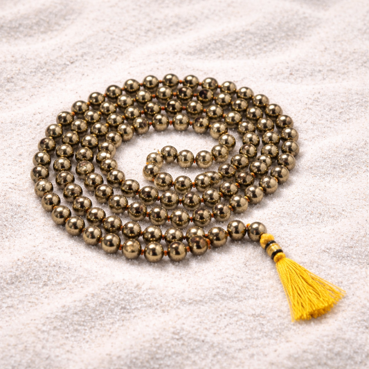 Golden Pyrite Crystal Chanting Mala for Meditation (108 Beads)