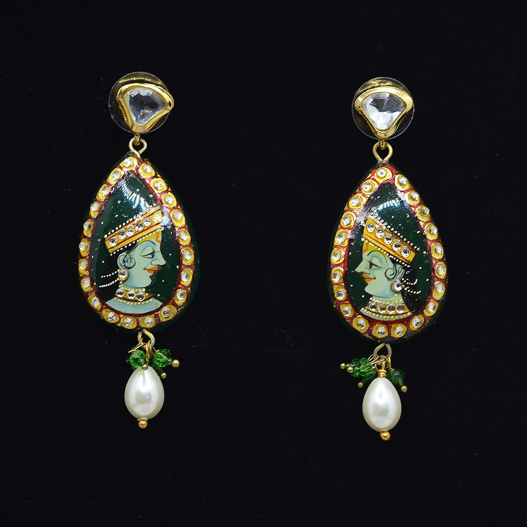 Rajasthani Woman Meenakari Hand Painted Earrings Green