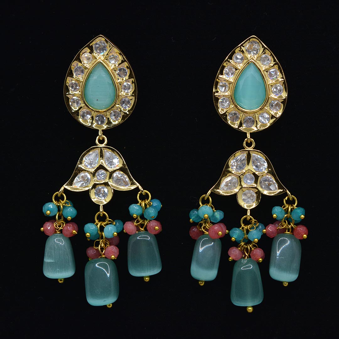 Blue Chandelier Uncut Polki Kundan Moissanite Earrings