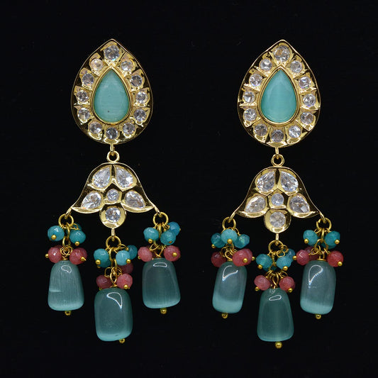 Blue Chandelier Uncut Polki Kundan Moissanite Earrings