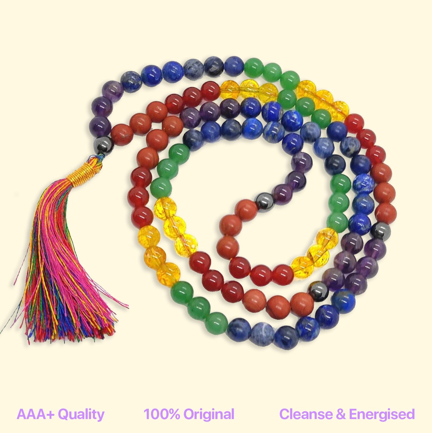 7 Seven Chakra Crystal Chanting Mala for Meditation (108 Beads)