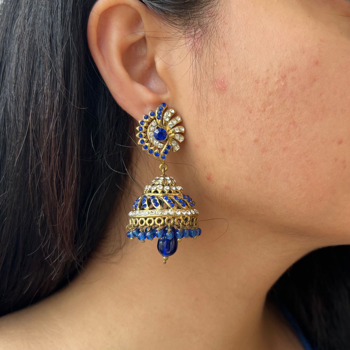 Raveena Tandon Deep Blue Brass Jhumkas