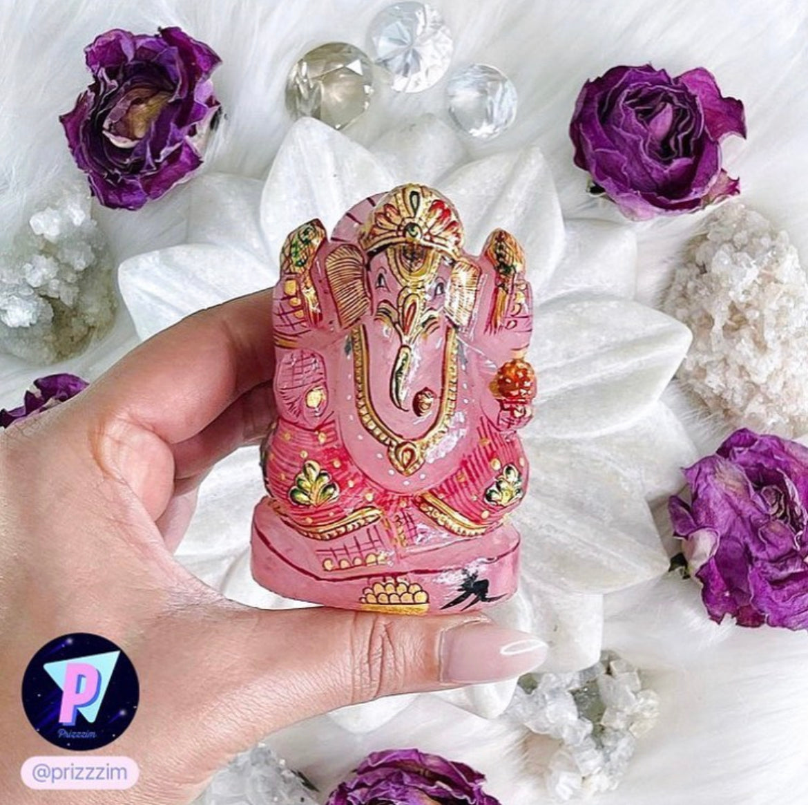 Rose Quartz Crystal Hand Painted Ganpati Pink for work desk and car