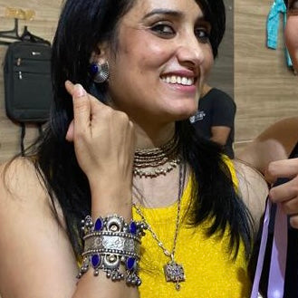 Melina Warrior Silver Antique Statement Bracelet (Blue)