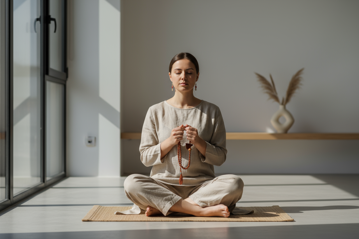 modern girl chanting with rosary beads