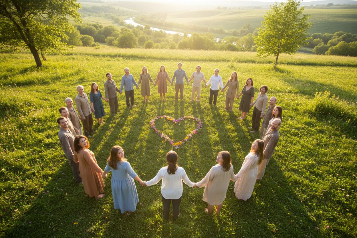 people holding hands and standing in a circle