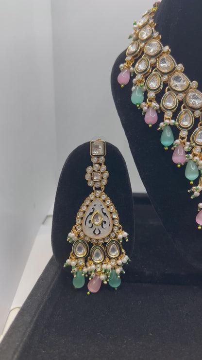 Pink Blue Firoza Pearl Moissanite  Polki Kundan Set