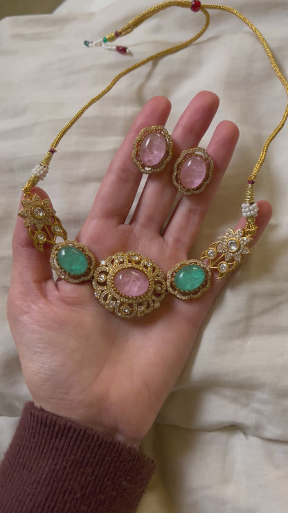 Pink Firoza Blue Moissanite Polki Choker Set