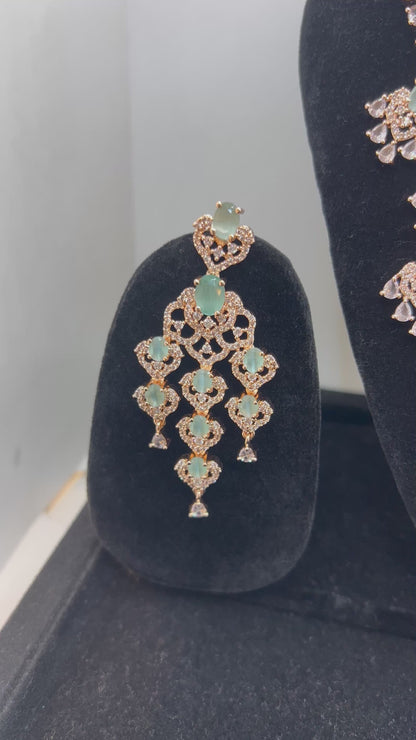 Blue Firoza Rose Gold White Zirconia Stone American Diamond Bridal Set